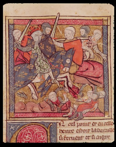 Fol.285r Die Gefangennahme von Ferdinand von Portugal (1186-1233), Graf von Flandern, in der Schlacht von Bouvines, 27. Juli 1214, aus den Grandes Chroniques de France, 1375-79 von French School